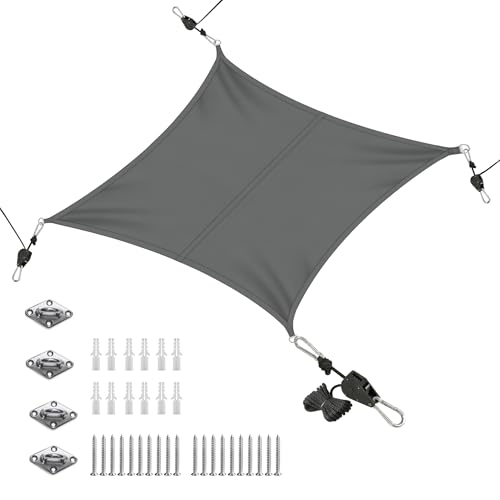 Sonnensegel Wasserdicht Rechteckig Sonnenschutz 180 g/m PES 98% UV-Schutz Sonnensegel mit Ratschen-Montagezubehör für Außenbereich Balkon Terrasse Garten Dunkelgrau 3x3m