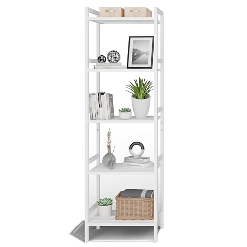 HITNET White Bookshelf, Adjustable Bamboo Bookcase, 5-Tier Tall Book Shelf, Free Standing Storage Organizer Display Flower Plant Stand for Small Spaces