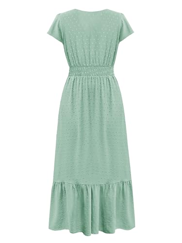Image of CzzzyL Women Nursing Boho Maxi Dresses Cap Short Sleeve V Neck Swiss Dot High Waisted A-Line Ruffle Tiered with Pockets
