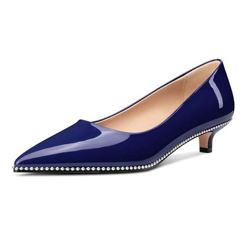 Image of Aachcol Womens Low Heel Pointed Toe Pumps Silver Beaded Kitten Heels Slip-on Comfortable Office Dress Shoes 1.4 Inches Heels