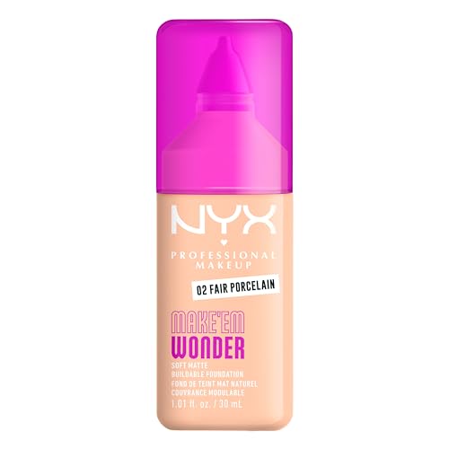 NYX Professional Makeup Make 'EM Wonder Foundation, 24H Soft Matte Aufbaubare Foundation, Mit hoher Deckkraft, Mattes Finish, 02 Fair Pocelain