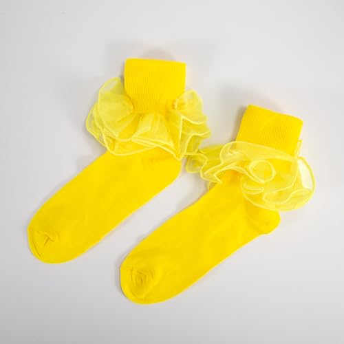 Image of Women Big Ruffle Ankle Socks Adult Double Lace Frilly Socks Fold Cuff Cotton Ruffled Dress Crew Bobby Bride Sock