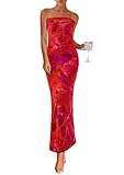 PRETTYGARDEN Womens Summer Printed Tube Maxi Dress Strapless Bodycon Sleeveless Night Out Long Dresses (Floral Rust Red,X-Large)