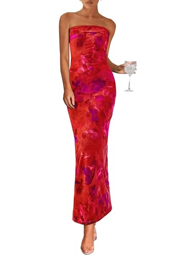 PRETTYGARDEN Womens Summer Printed Tube Maxi Dress Strapless Bodycon Sleeveless Night Out Long Dresses