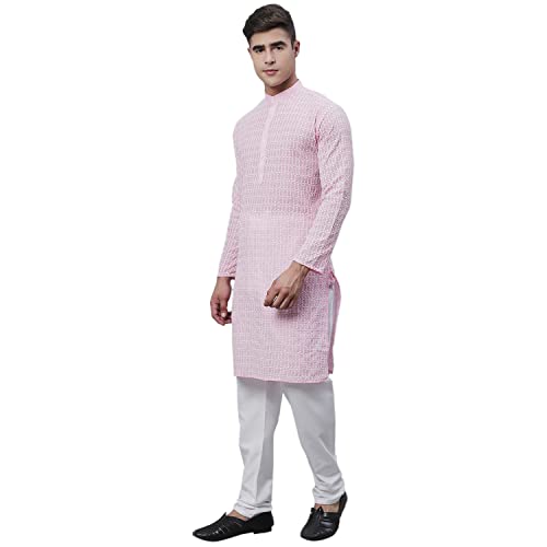 Image of SOJANYA (Since 1958 Men's Pure Cotton Blue Kurta with White Embroidery and White Pyjama Set
