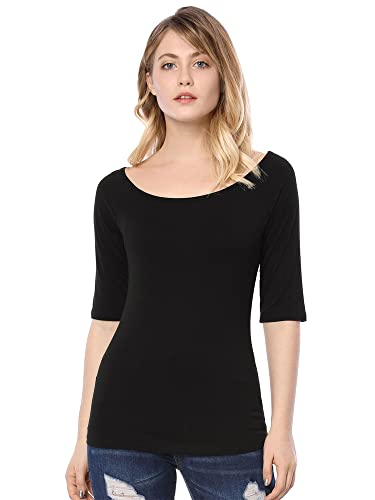 T-shirt doux manches mi-longues femme col rond noir vetement grande taille