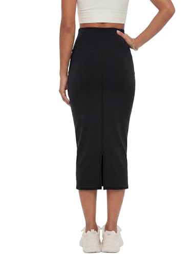 Image of Rooscier Women's High Waisted Pencil Midi Skirt | Stretchy Bodycon Knee Length Skirts with Back Slit