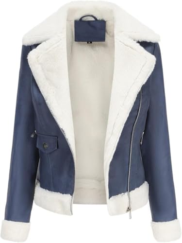 Chaqueta De Cuero Sintético para Mujer con Forro De Piel Sintética Abrigo De Motociclista Cálido para Invierno Chaqueta De Cuero para Mujer Moto De Piel Sintética, Royal Blue, M