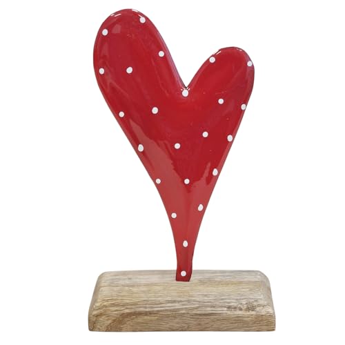 Logbuch-Verlag Deko-Herz Metall rot mit weißen Punkten auf Holzsockel – 17 x 10 cm – Tischdeko & Geschenk zum Valentinstag, Muttertag oder einfach