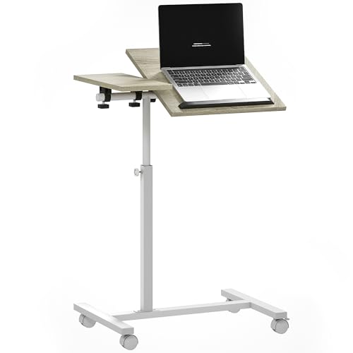 HOMCOM Mesa Auxiliar con Ruedas Mesa para Sofá con Altura Ajustable Superficie Inclinable y Marco de Metal para Dormitorio Salón Oficina 57x40x67,5-101 cm Roble y Blanco