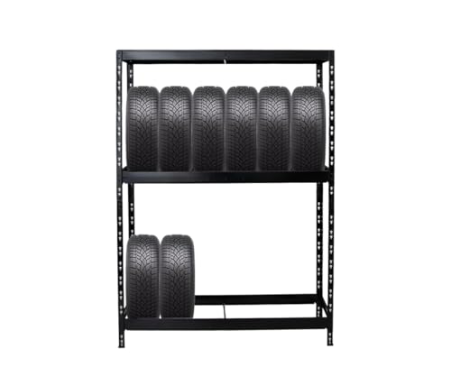 PROREGAL Étagère à pneus Tiger | HxLxP 180x130x50cm | avec Tablette | jusqu'à 12 pneus | Noir | Porte-Pneu, Rack à pneus, rayonnage, Stockage, Rangement, Support,...