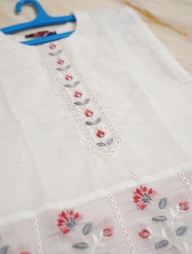 Image of Women Pure Chanderi Kurta Pant Dupatta Set | White Embroidered Ethnic Suit Set for Women | Floral Embroidery Kurta with Mul Cotton Dupatta