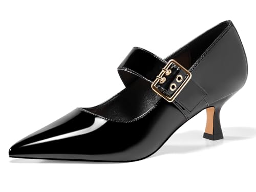 Coutgo Womens Kitten Heels Mary Jane Shoes Closed Pointed Toe Dress Shoes Buckle Work Office Pump Shoes, Cool Black, Size 8.5