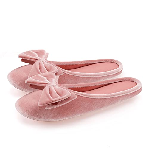 BCTEX COLL Women's Fancy House Slippers with Bow, Ladies Sexy Velvet Ballerina Slipper 5-6 Pink