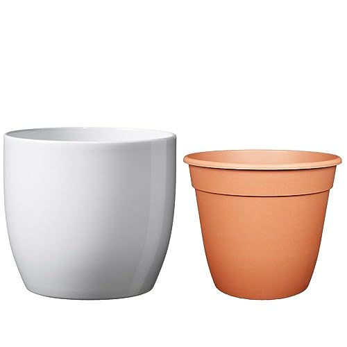 Set - SK Soendgen Keramikübertopf Basel ø24 cm, Weiss glänzend + Pflanztopf ø22, hochwertiges Wohnambiente