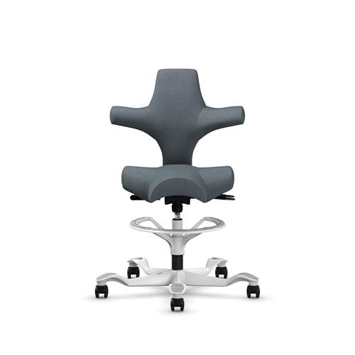 Image of HAG Capisco Sit to Stand Chair-White Frame-Upholstered Dark Gray-with Foot Ring