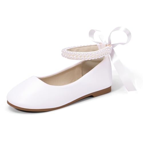 Hehainom Toddler Girls Dress Shoes Flower Girl Little Kids Mary Jane Ballet Flats Pearls Bow Wedding Party Communion Shoes