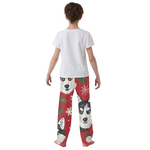 Christmas Husky Pine Branches Boys Long Pants Soft Trousers Elastic Waist Kids Lounge Bottoms with Pockets S-XL3