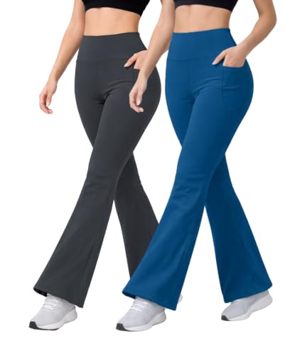 Image of Women's High Waist Bootcut Yoga Pants with Side Pockets | Flared Gym Leggings for Women | Stretchable Workout Bell Bottom Tights for Yoga, Gym, Running & Casual Wear Pack of 2