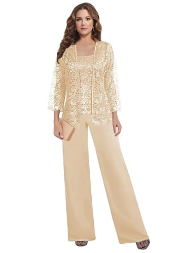 3 Pieces Mother of The Bride Pant Suits for Wedding Long Lace Sleeve Chiffon Formal Outfits with Jacket KW012