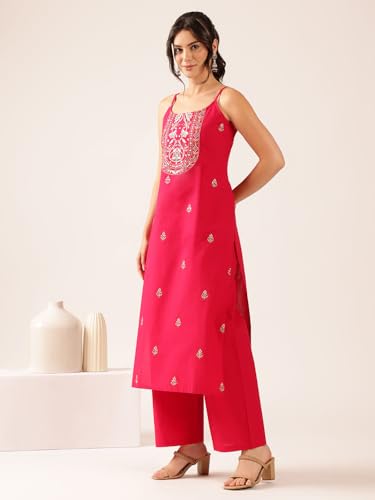 Image of Vbuyz Women's Printed & Hand Work Straight Cotton Blend Parrot Green Kurta,Pant with Dupatta | Kurta Set with Dupatta for Women | Suit Set | Ethnic Set | Printed Kurta Set | Salwar Set for Women