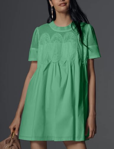 Image of Shiyifa Womens Babydoll Lace Patchwork Dresses Summer Short Sleeve Ruffle Sundress Loose Crew Neck A-Line Dresses