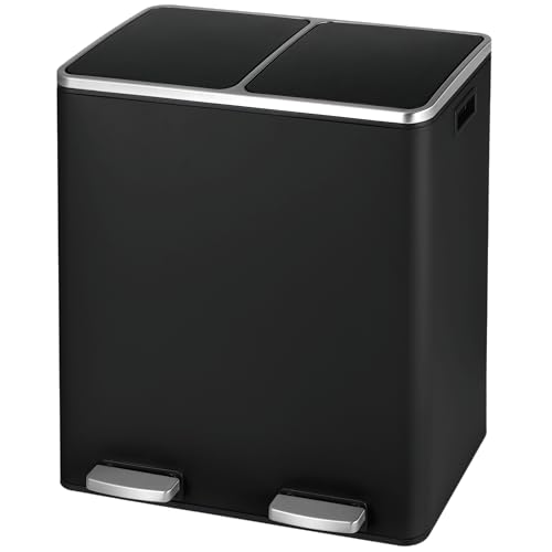 Arlopu Dual Trash Can, 2 x 8 Gallon (2 x 30 L) Hands-Free Trash and Recycle Bin Combo, Stainless Steel Kitchen Garbage Can with Soft-Close Lid, Removable Inner Buckets, Step Pedal, Airtight (Black)