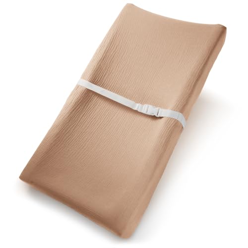 Image of Comfy Cubs Muslin Fitted Changing Pad Cover - Soft, Breathable & Washable 100% Cotton Fitted Sheet for Baby's Comfort - Universal Fit for Flat & Curved Baby Changer Pad - Cedar