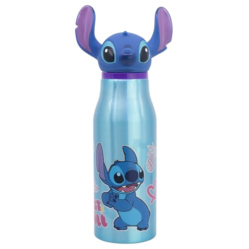Stor Botella de Agua Infantil de Aluminio Stitch 690ml con Figura 3D en el Tapon, Ideal para Colegio y Deporte