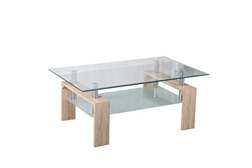 HOGAR24 - Mesa de Centro de Cristal con Patas de Madera, Color Roble Cambrian