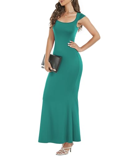 Image of Womens Summer Cap Sleeve Square Neck Elegant Casual Lounge Bodycon Slim Maxi Evening Party Long Dress