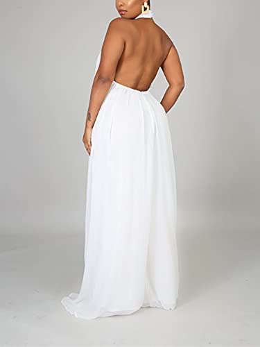 Ekaliy Women’s Sexy Summer Jumpsuit Halter Neck Sleeveless Chiffon Wide Leg Long Pant Jumpsuit Romper One Piece Party Outfit White Medium #TOP2