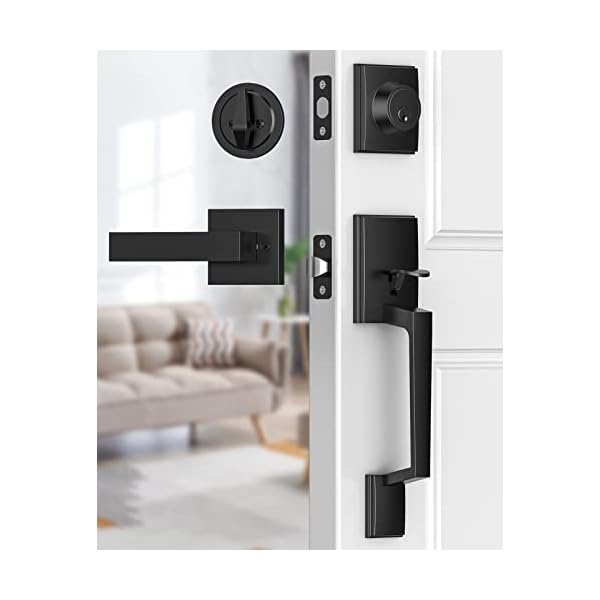 Brightify Black Front Door Handle, Matte Black Exterior Door Handle with Door Lever, Modern Front Door Lock Set, Adjustable Deadbolt Lock Set with Single Cylinder, Reversible for Right&Left Handed