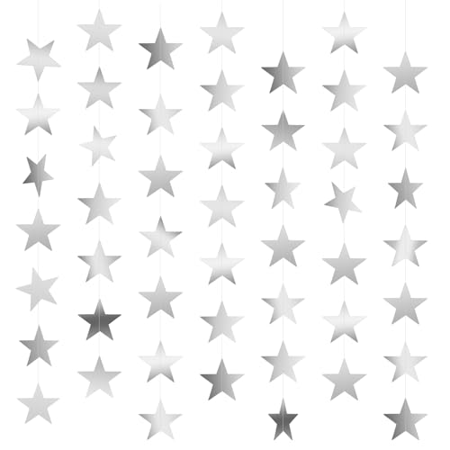Image of Silver Star Garland Banner, 5 PCS 66 Feet Double Side Star Hanging Bunting Banner Backdrop for Birthday Wedding Christmas Graduation Party Decorations