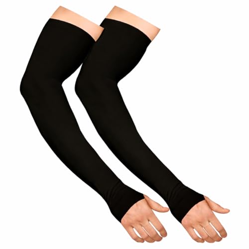 Image of BENAVJI Arm Sleeves for Men & Women UV Protection Hand Sleeve with Thumb for Boys & Girls Sun Protection Cover for Running, Bike Riding, Cricket - Nylon - Black- 2 Pair