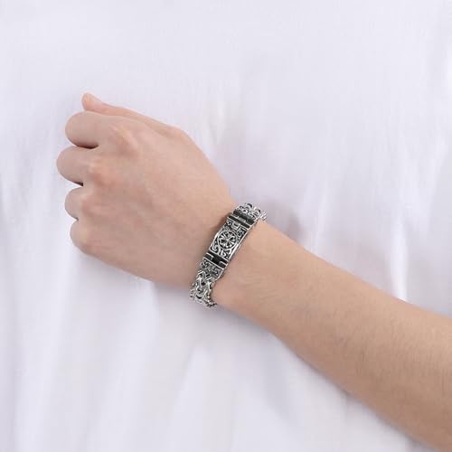 Men's 316 Stainless Steel Gothic Viking Bracelet - Flower & Cross Carved, Large Franco Textured Chain4