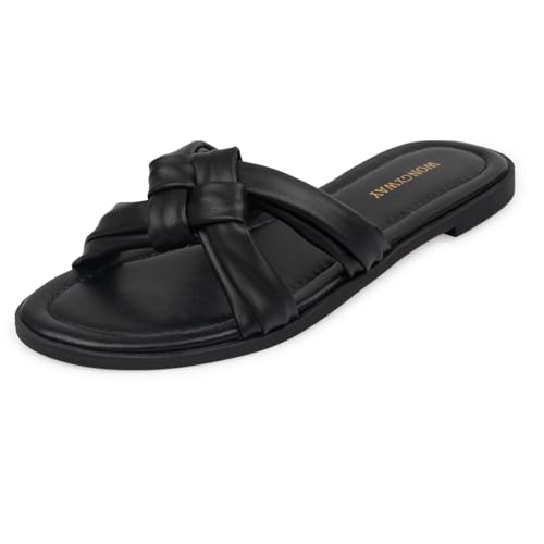 WONGXWAY Women Knotted Slide Sandals Cross Strap Dressy Sandals Cute Comfy Open Toe Slip On Sandals(Black,10)