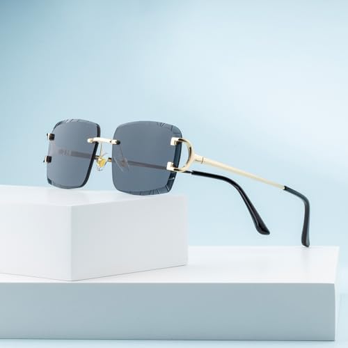Image of Retro Rimless Rectangle Sunglasses for Men Women Luxury Frameless Square Trendy Shade Diamond Cutting Eyewear
