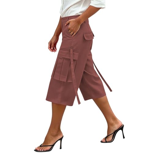 Pantalon jambe large décontracté femme été fluide à poches cargo