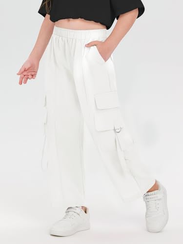 Image of Haloumoning Girls Parachute Pants Kids Wide Leg Cargo Pants Y2K Street Trousers with Pockets 5-14 Years