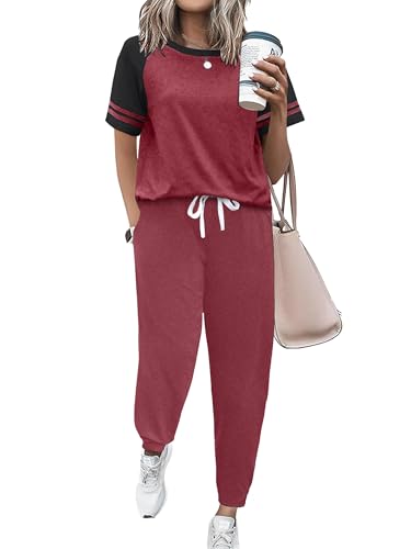 Image of Ekouaer Lounge Sets for Women Two Piece Pajama Set Short Sleeve Crewneck Jogger Outfits and Sweatpants Tracksuit