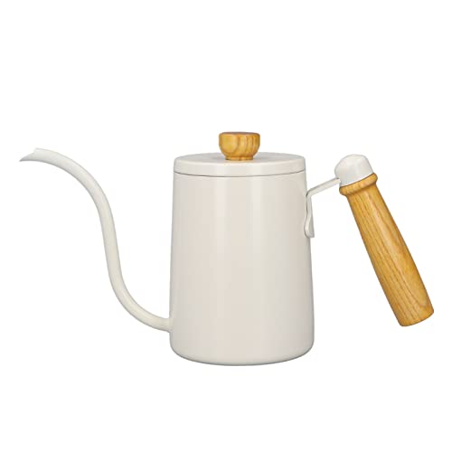 Saluaqui Small Gooseneck Kettle Gooseneck Kettle 20 Pour Over Coffee with Spout Beech Wood Handle 600ml Stainless Steel Coffee Pot for Home and CAF (White)