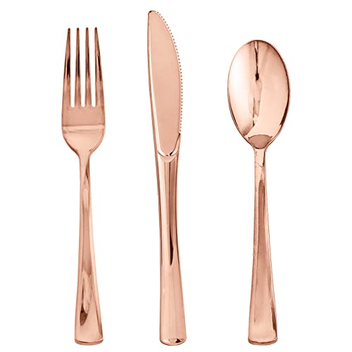 FOCUSLINE 75 Pack Rose Gold Plastic Silverware Disposable Cutlery Set - 25 Forks Knives Spoons - Disposable Flatware Heavy Duty Plastic Utensils Set for Catering Parties Dinners Weddings
