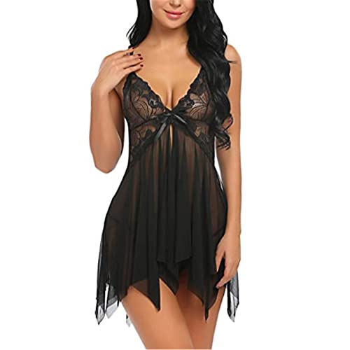 SHAIYOU Lingerie for Women Lace Babydoll Sleepwear Boudoir Outfits Plus Size Langeray (Black M)