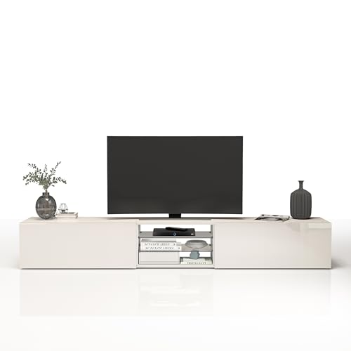 WHOUS Egypt Meuble TV pour Salon avec 2 Portes à Rabat et 2 Etagères en Verre, Meuble TV pour Séjour, Dimensions: 240 x 38 x 35 cm, Couleur Blanc Brillant