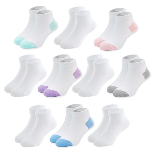 hoomore Girls Ankle Socks 10 Pack - Seamless Low Cut Athletic Socks for Kids Soft Breathable Cotton 8-12 Years(White L)