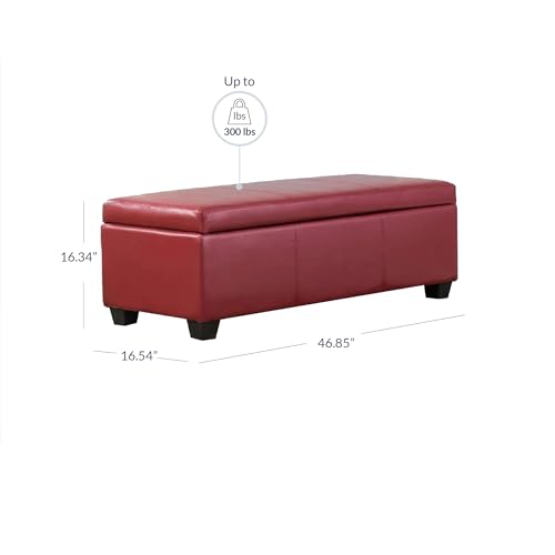 Image of BELLEZE Storage Faux Leather Ottoman, 47 Inch Bench Bedroom Bench with Safety Close Hinge, Extra Long Ottoman with Storage for Living Room, Entryway, Hallway, Foot Rest, Support 300lbs - Red