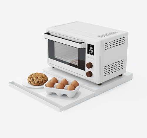 VibeNest Steel Microwave Stand with Pull-Out Shelves | Countertop Organizer for Compact Microwaves, Coffee Station & Kitchen Appliance Storage (White+Shelf)