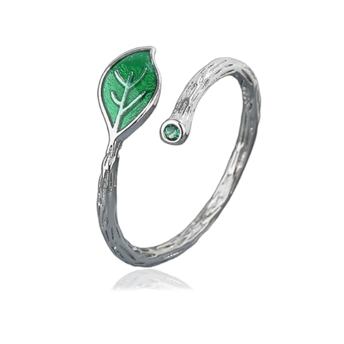 Enamel Green Leaf Branch Promise Ring for Women Silver Plated Engraved Leaves Stackable Open Band Finger Rings Adjustable Expandable Comfort Fit Minimalist Engagement Jewelry for Lover Wife