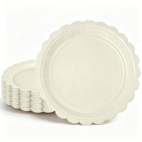 JCTHKUKU 48 Pcs Ivory Scalloped Paper Plates 7 Inch, Disposable Ivory Dessert Plates for Wedding, Bridal Shower, Baby Shower, Birthday Party, Tea Party, Cake & Dessert Plates